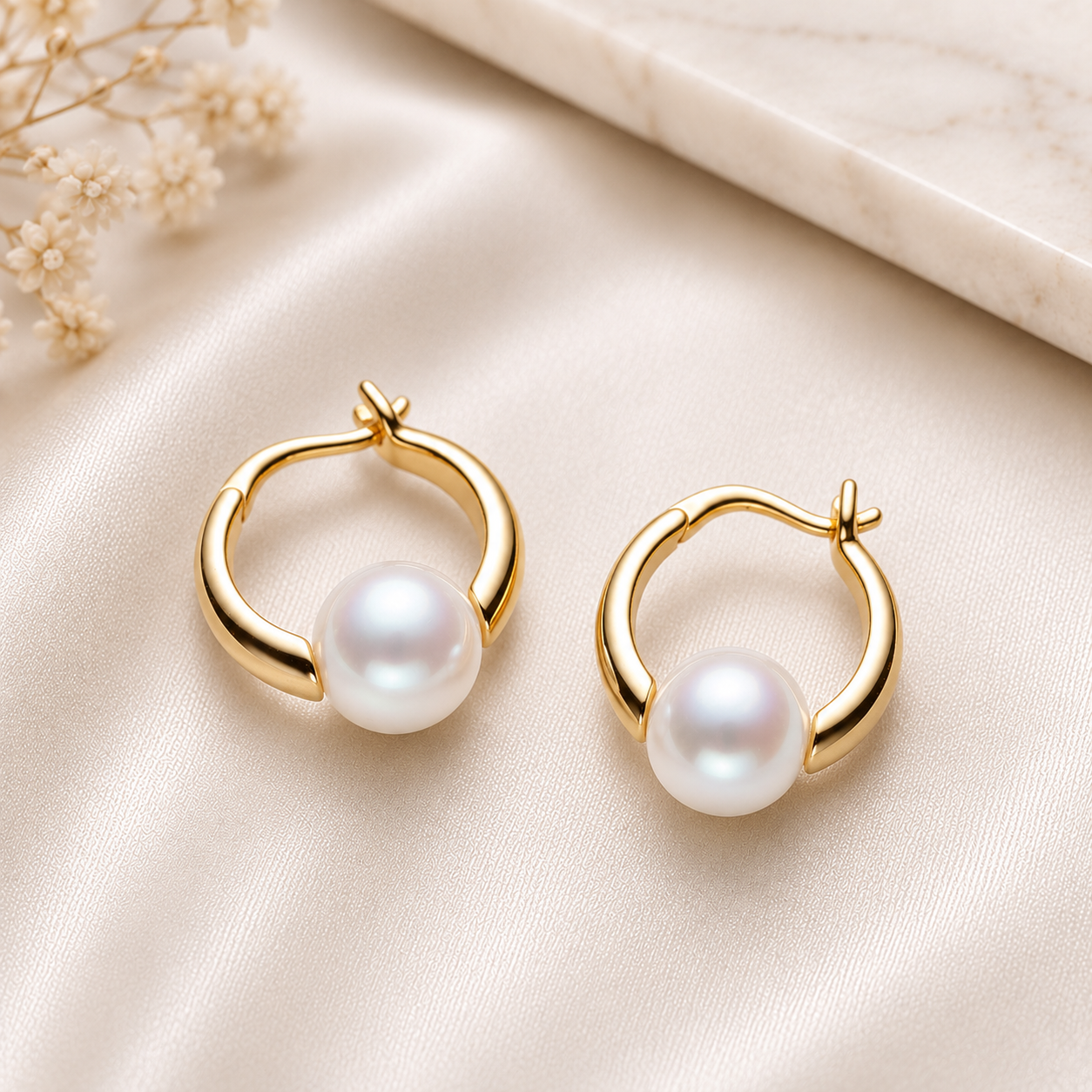 Brincos Argola Dourada com Pérolas de Água Doce 8–8,5 mm