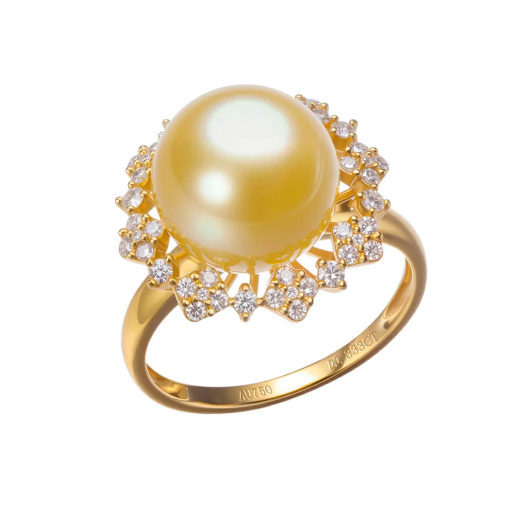 Anel com Pérola dos Mares do Sul Dourada e Diamantes em Ouro 18K