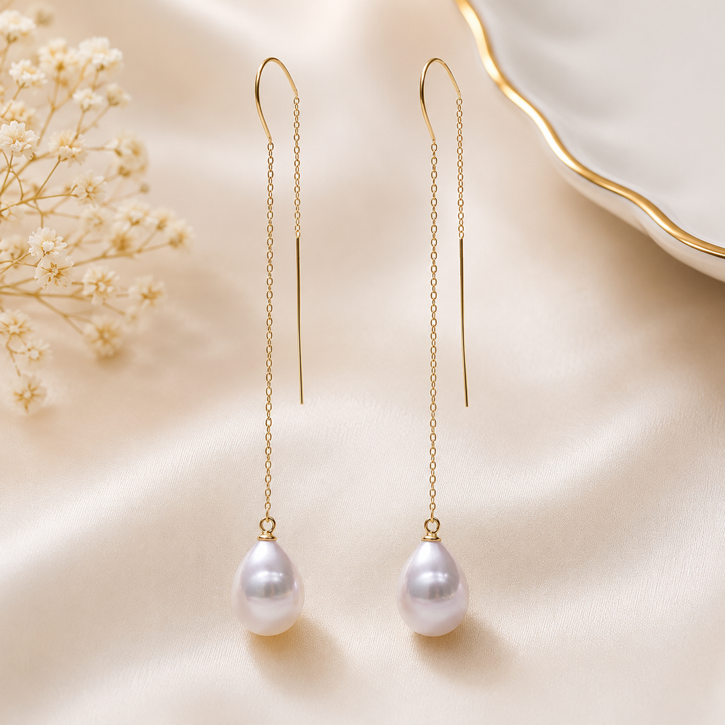 Brincos Longos de Pérolas Edison Brancas AA+ | Design Passante | Banho Ouro 18K